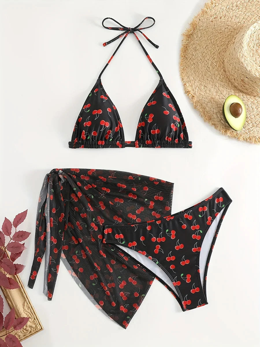 With Mesh Skirt Cherry Printed Bikini