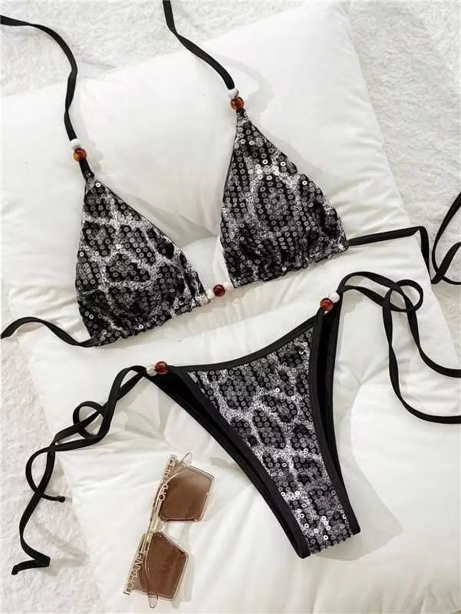 Leopard Sequins Halter Strappy Bikini