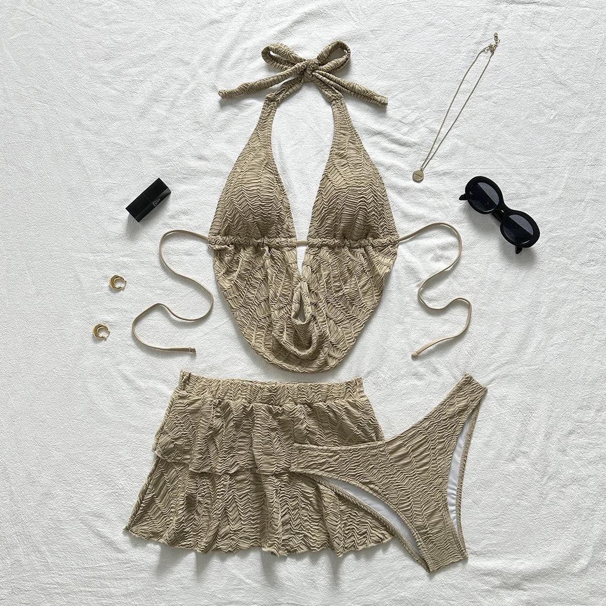 3PC with Skirt Wrinkled Halter Tankini Bikini