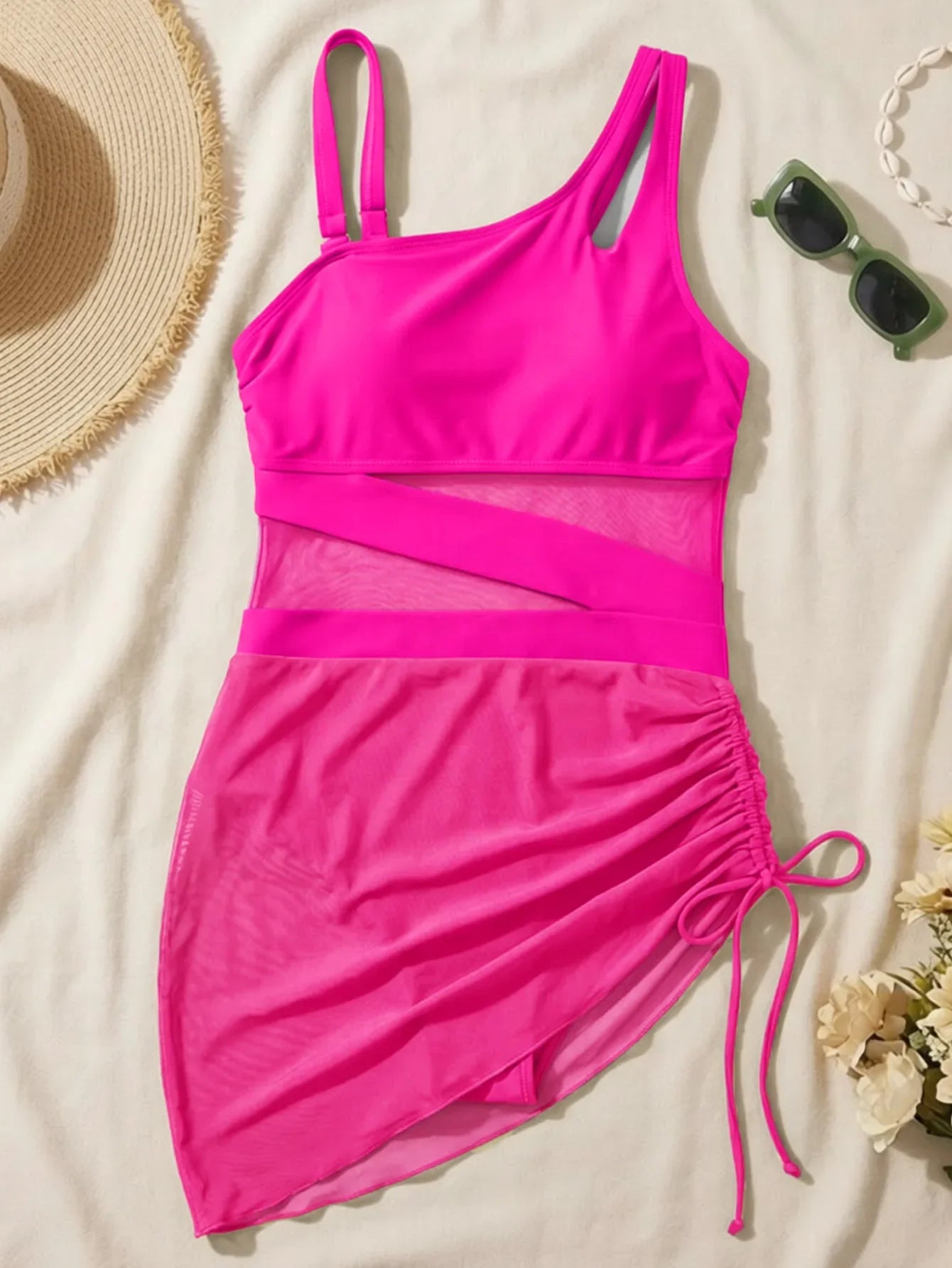 Vintage Black Mesh Patchwork One Piece Swimsuit