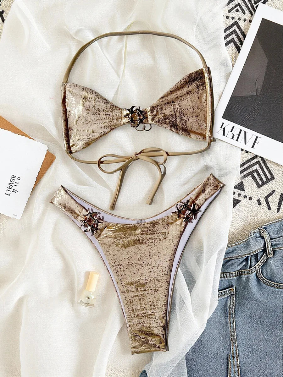 S - XL  Sparkling High Cut Halter Bikini