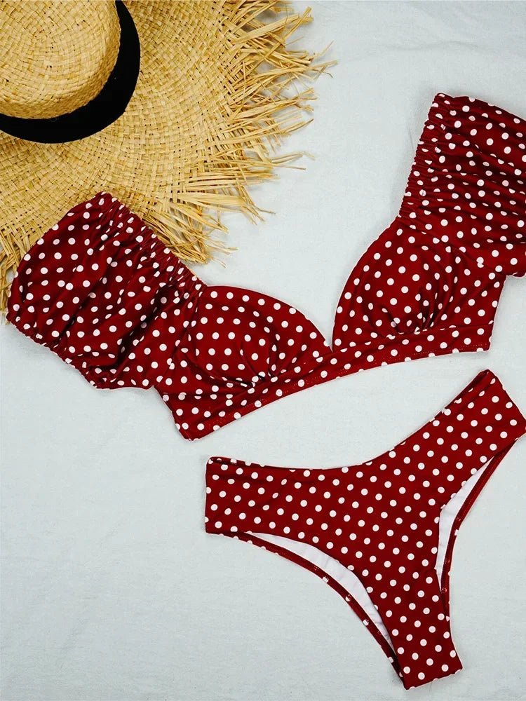 Sexy V Neck Short Sleeve Polka Dot Bikini