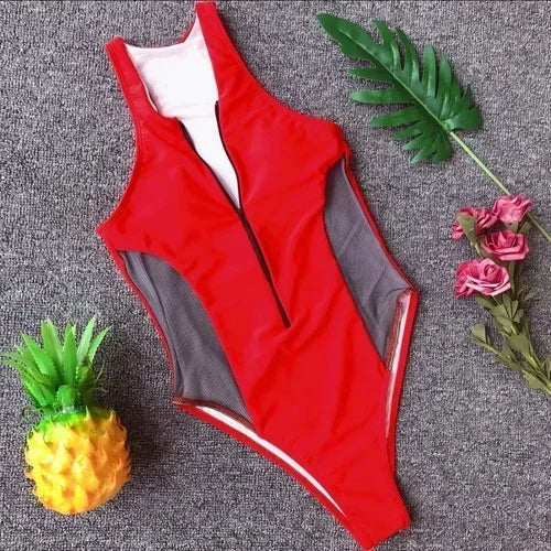 Sexy Splicing Mesh Zipper Female Swimwear One Piece Swimsuit