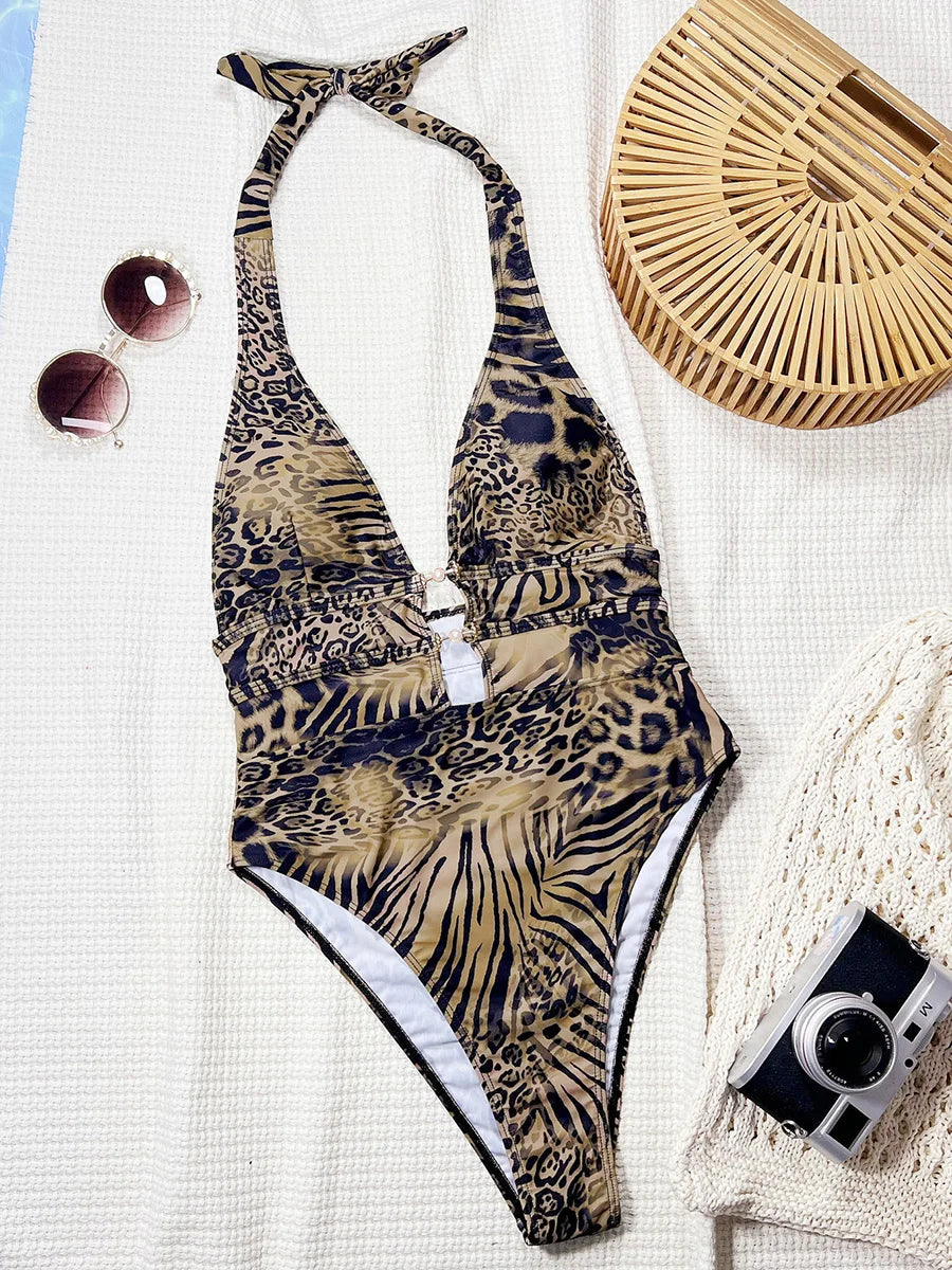 Tiger Printed Halter Deep V Neck One Piece Swimsuit