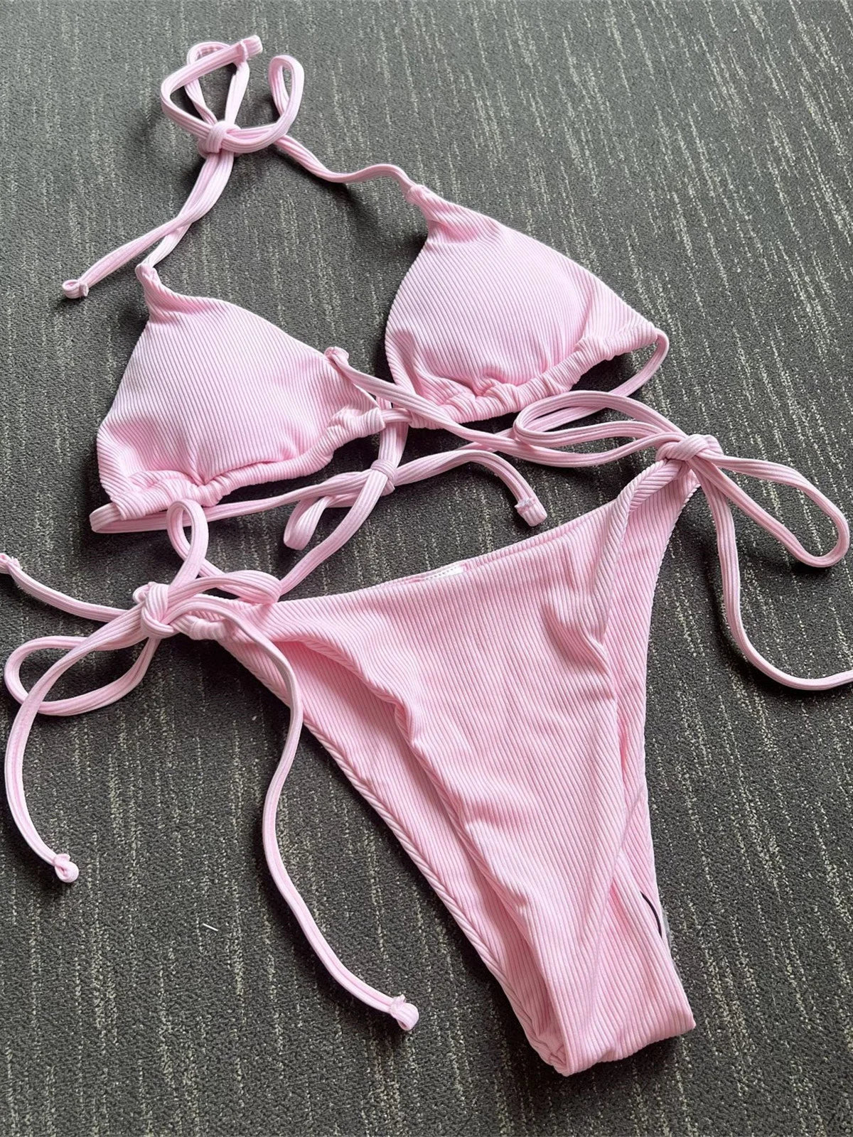 Solid Red Halter Push Up Bra Tie Side Triangle Swimsuit