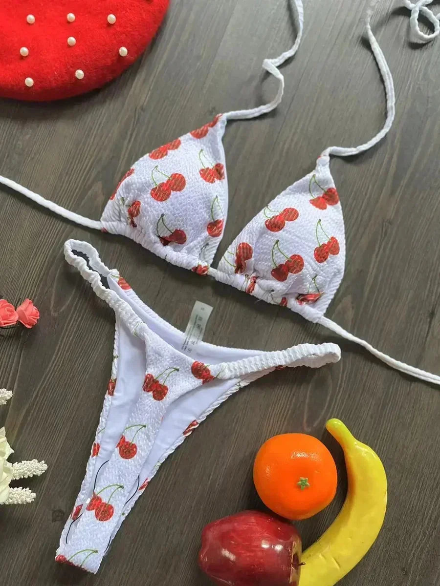 Printed Halter Wrinkled Bikini