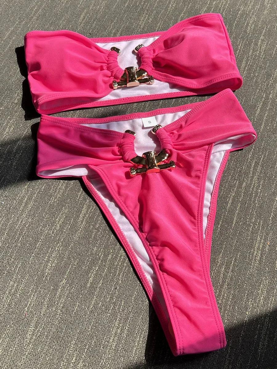 Metal Buckle Bandeau High Waist Bikini