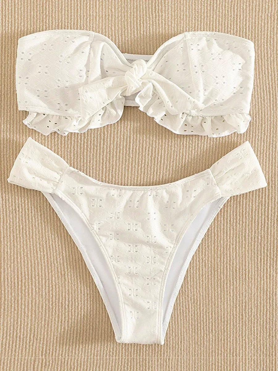 Ruffled Frill Knotted Bandeau Bikini