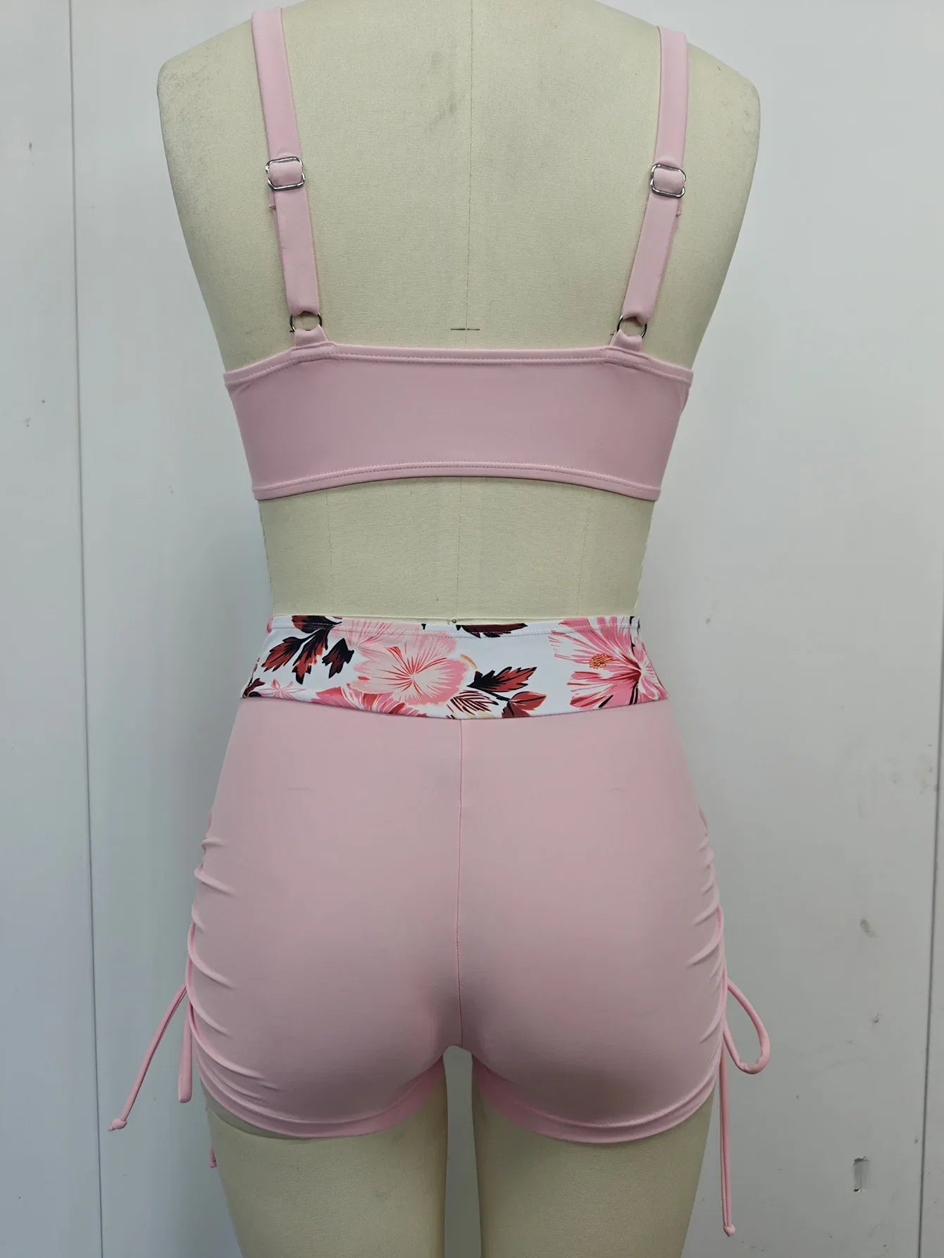 Vintage Pink Floral Print Tankini Women Cross Push Up Bra Drawstring Side High Waist Swimsuit