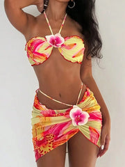 3D Flowers with Mesh Skirt Halter Bandeau Bikini