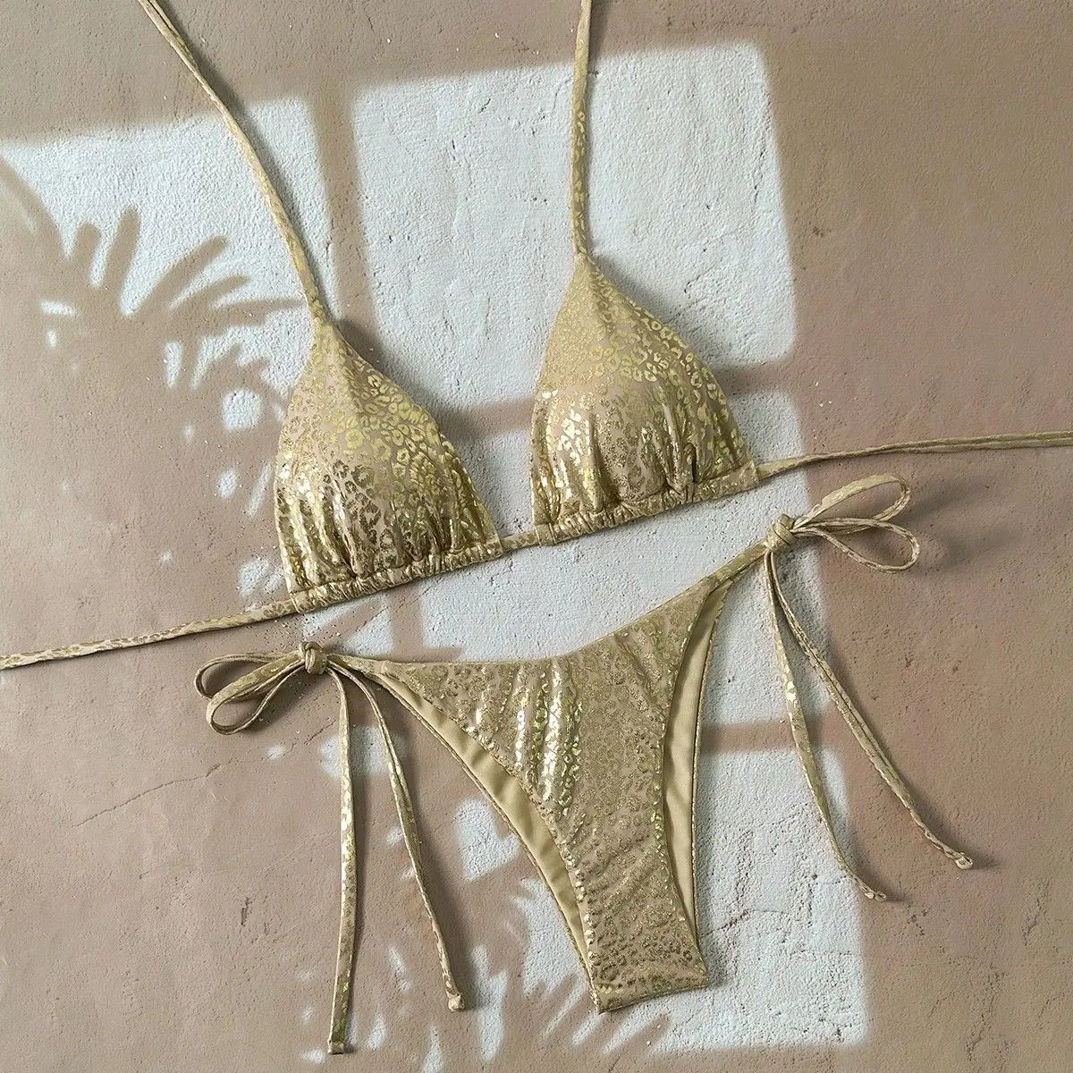 Shiny Gold Leopard Print Bikini Set