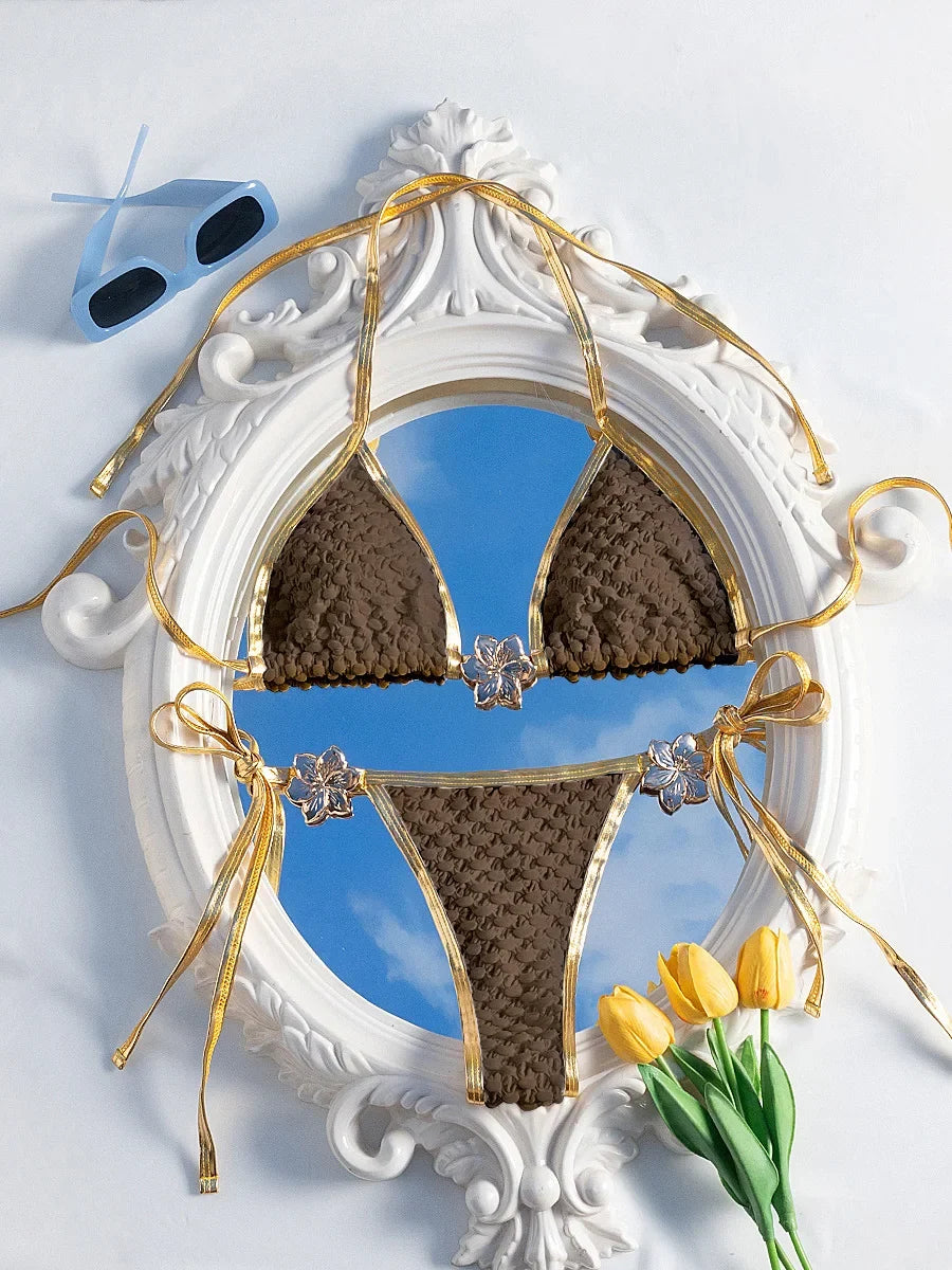 Metal Flowers Wrinkled Halter Micro Thong Bikini