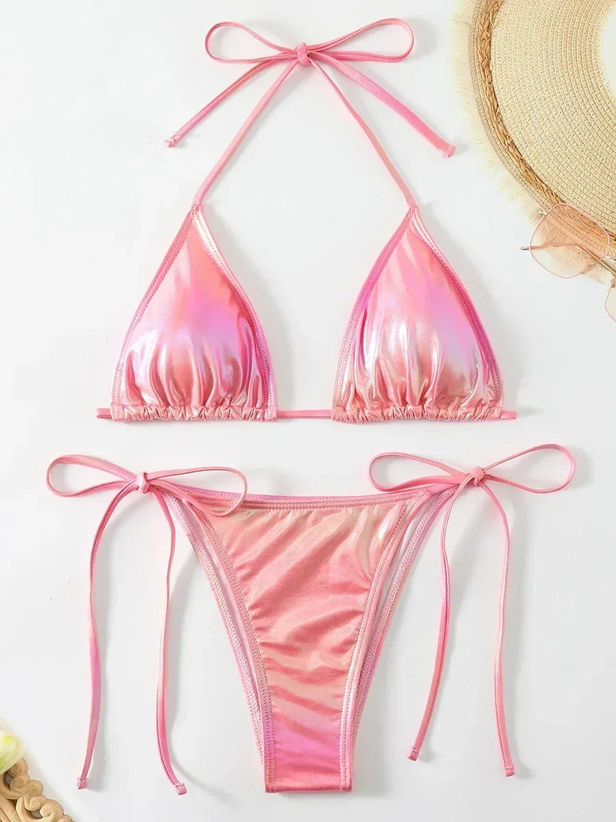 Gradient PU Faux Leather Halter Strappy Bikini