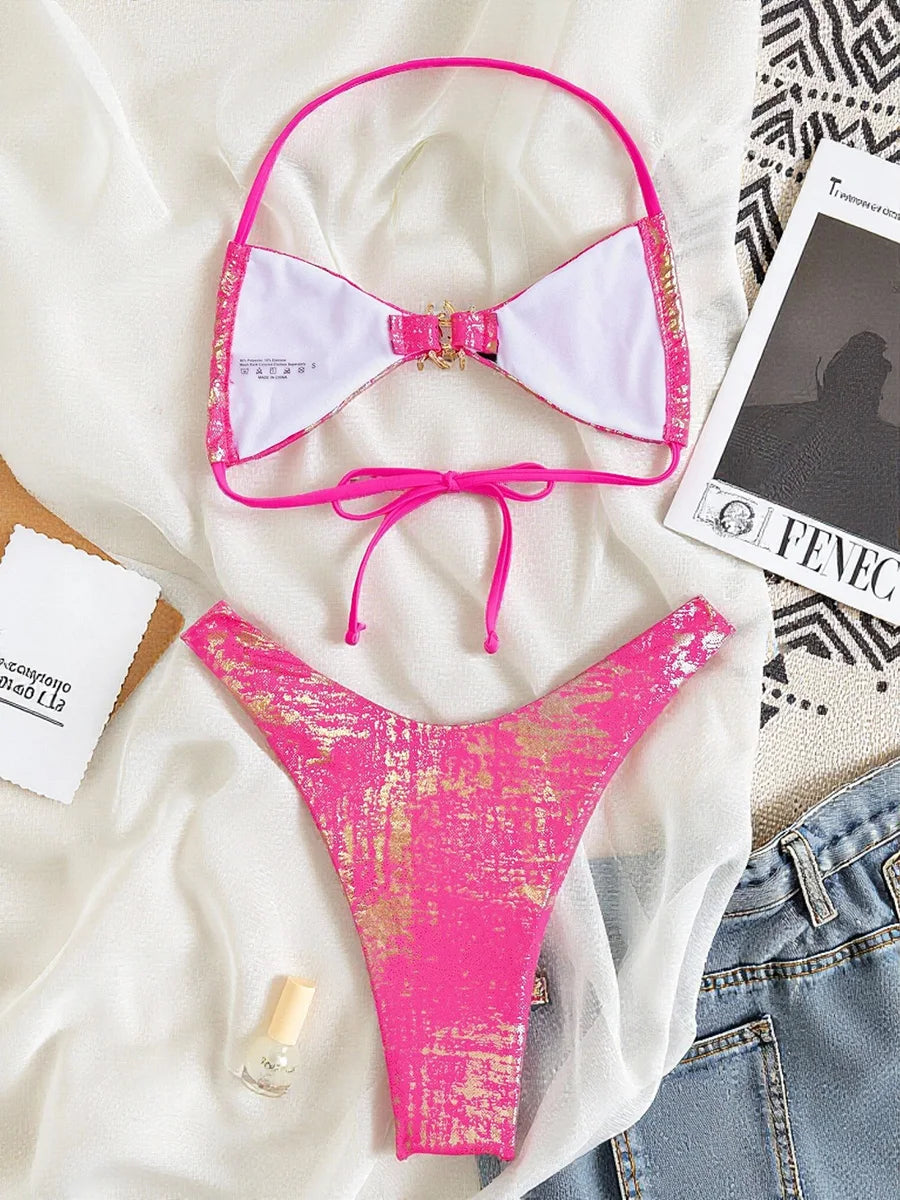 S - XL  Sparkling High Cut Halter Bikini