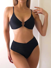 Black Metal Ring Linked Cut Out Push Up Swimsuit