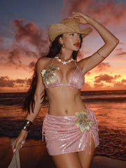 Sexy Pink 3D Flowers Embroidered Bikini Set