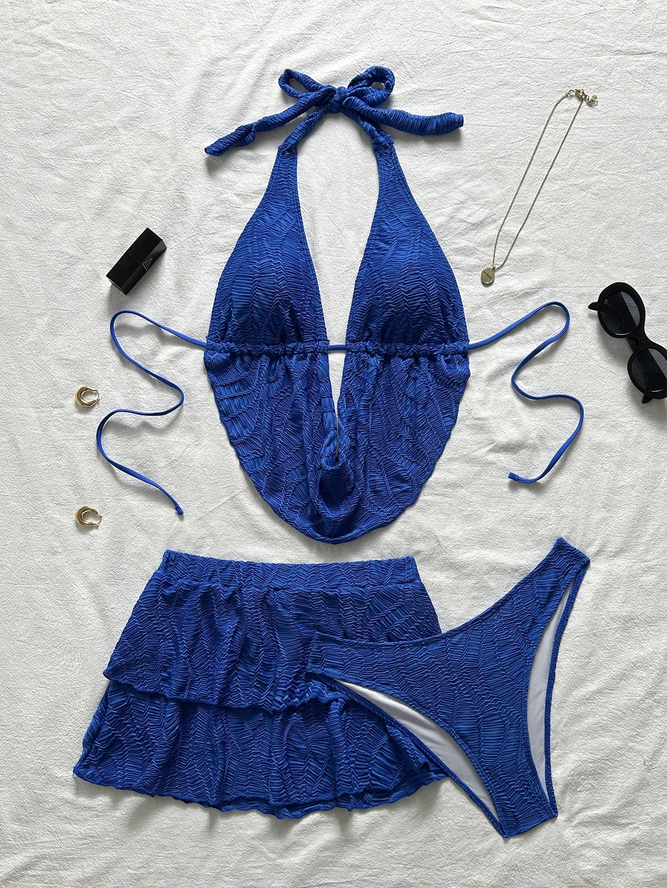 3PC with Skirt Wrinkled Halter Tankini Bikini