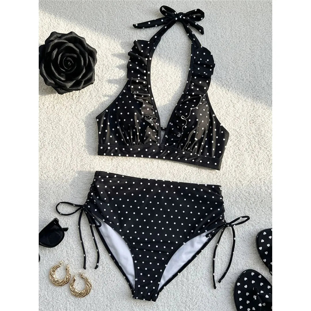 S - XL Polka Dot V Neck High Waist Bikini