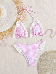 Cute Pink Plaid Print Micro Bikini