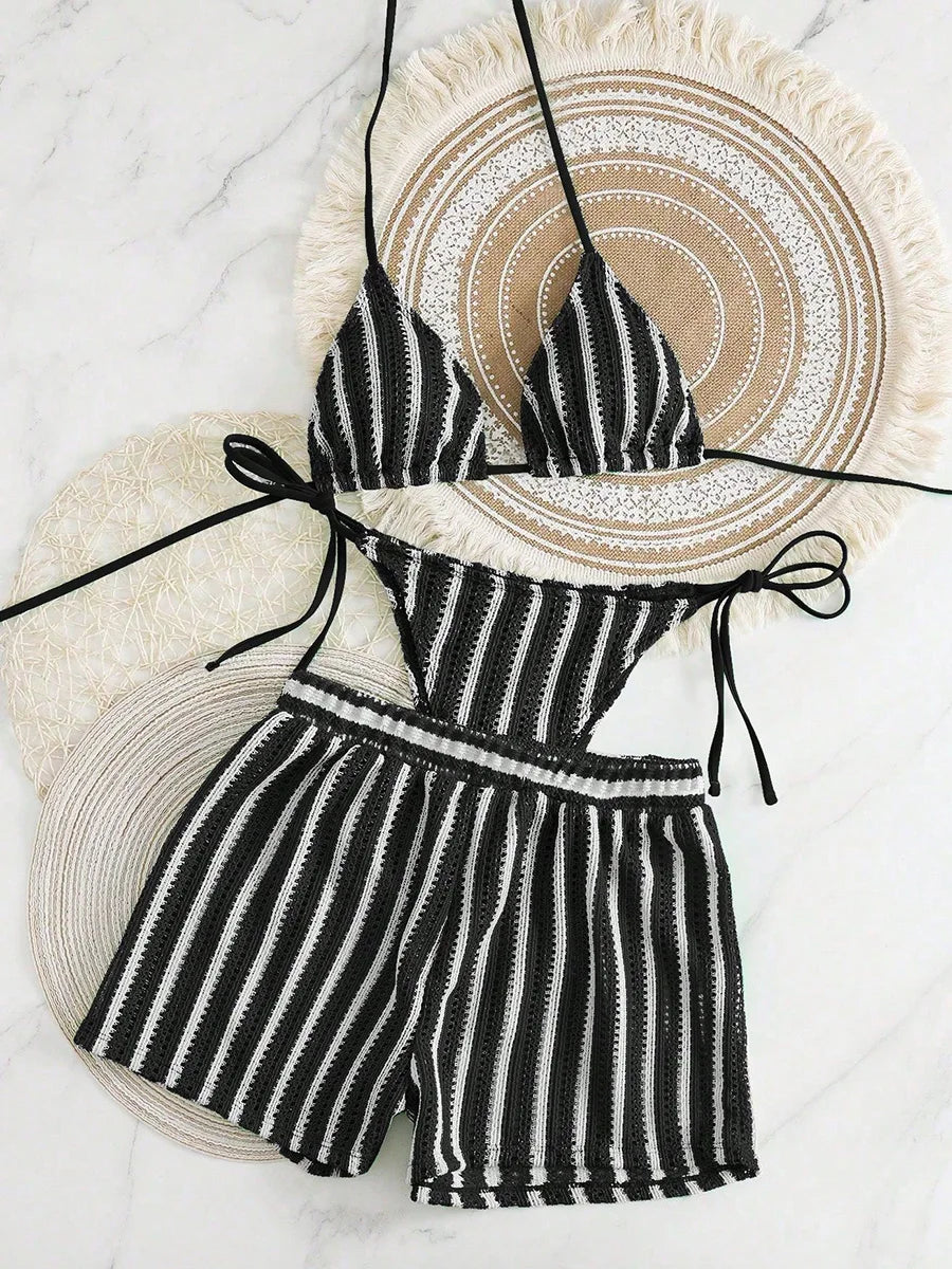 3PCS With Shorts Stripe Halter Fishnet Bikini