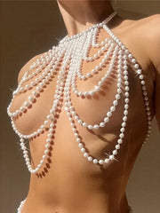 Luxury Pearls Chain Halter Hollow Out See Through Bikini