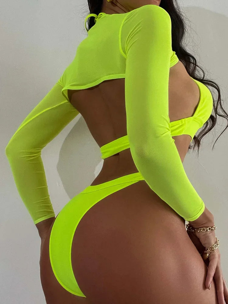 Neon Long Sleeve High Cut Out Women Swimwear One Piece Swimsuit