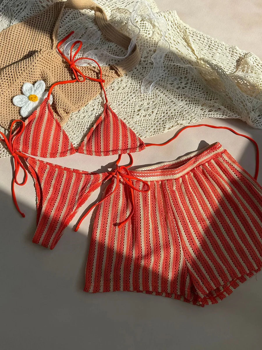 3PCS With Shorts Stripe Halter Fishnet Bikini