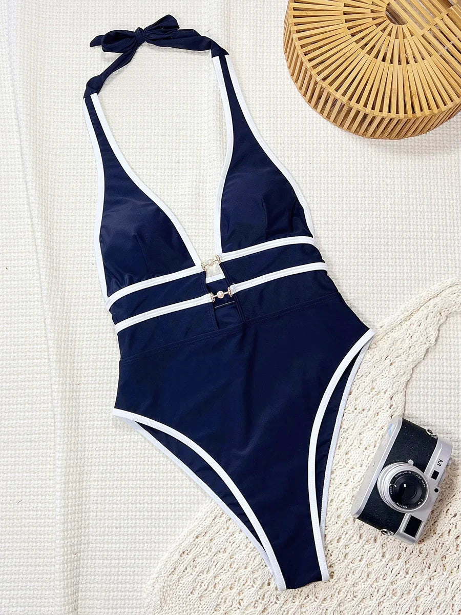 Tiger Printed Halter Deep V Neck One Piece Swimsuit