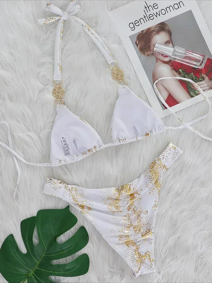 Snake Print Halter Diamond Bikini