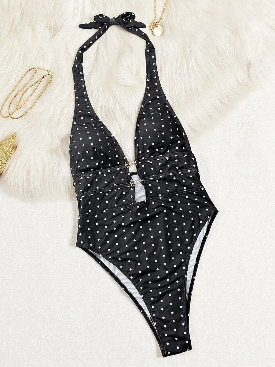 Tiger Printed Halter Deep V Neck One Piece Swimsuit