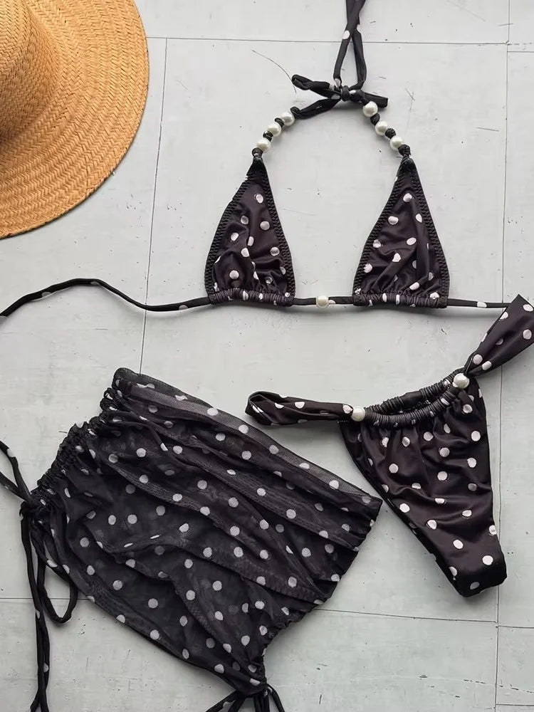 Sexy Black Polka Dot Print Bikini Set