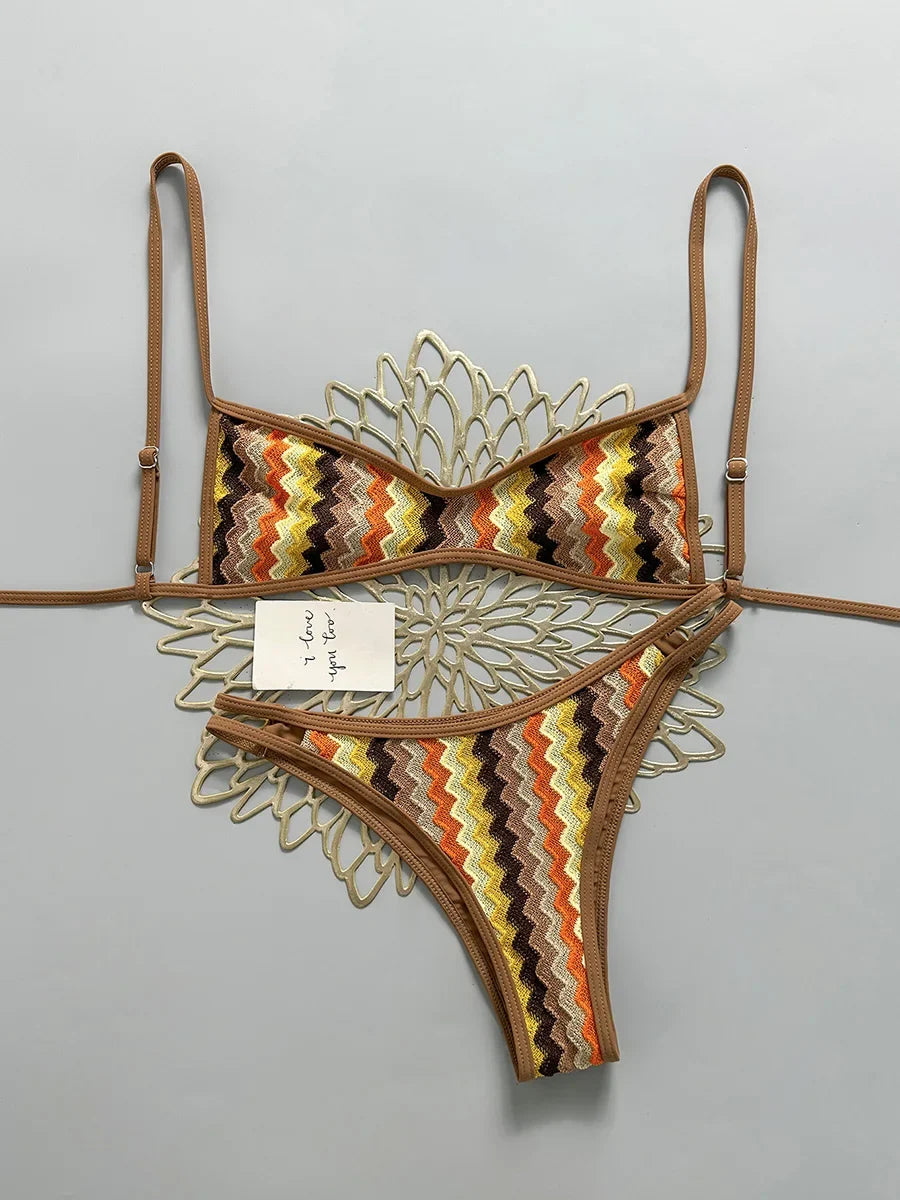Crochet Striped High Leg Cut Brazilian Bikini