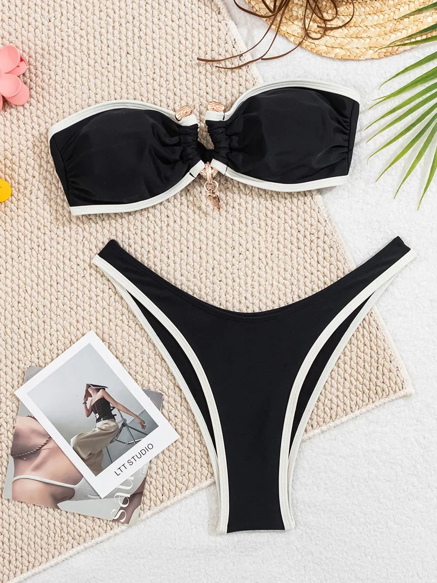 Bandeau Splicing Metal Ring Brazilian Bikini