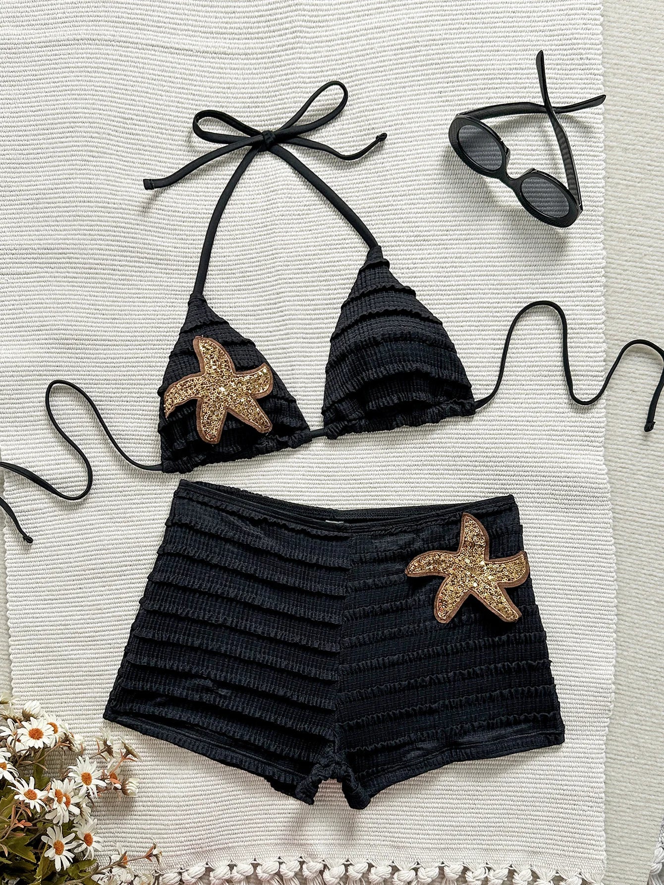 Sexy White Black Starfish Ornament Bikini Set