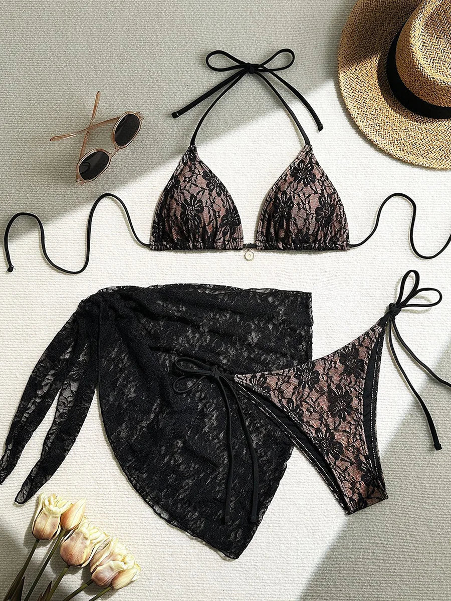 with Mesh Sarong Lace Halter High Cut Bikini