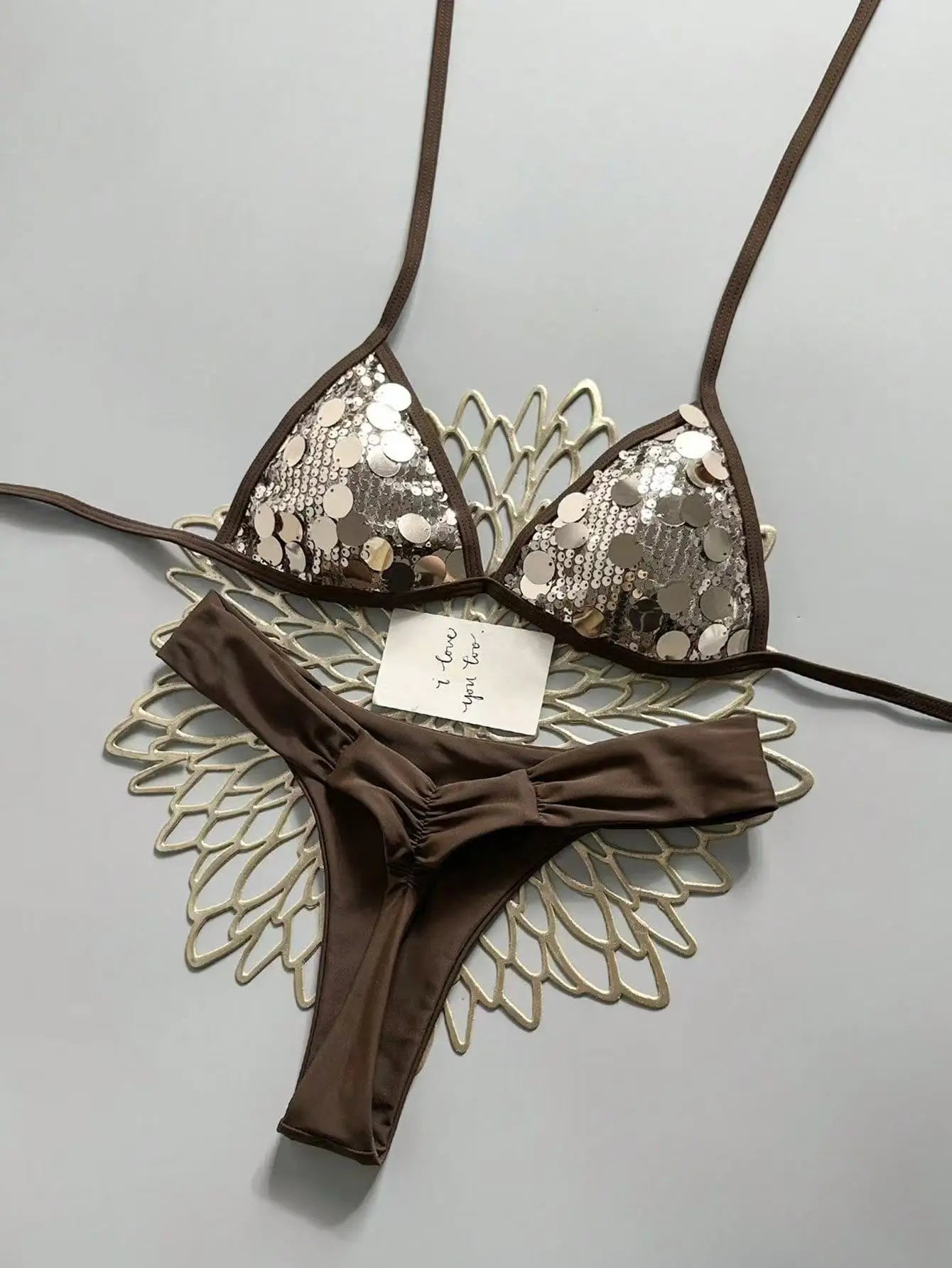 Shiny Sequin Coffee Patchwork Bikini Set