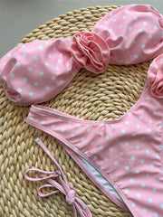 Scrunch Butt Bather Bathing Suit Swim 3D Flower Bandeau Dots Bikini