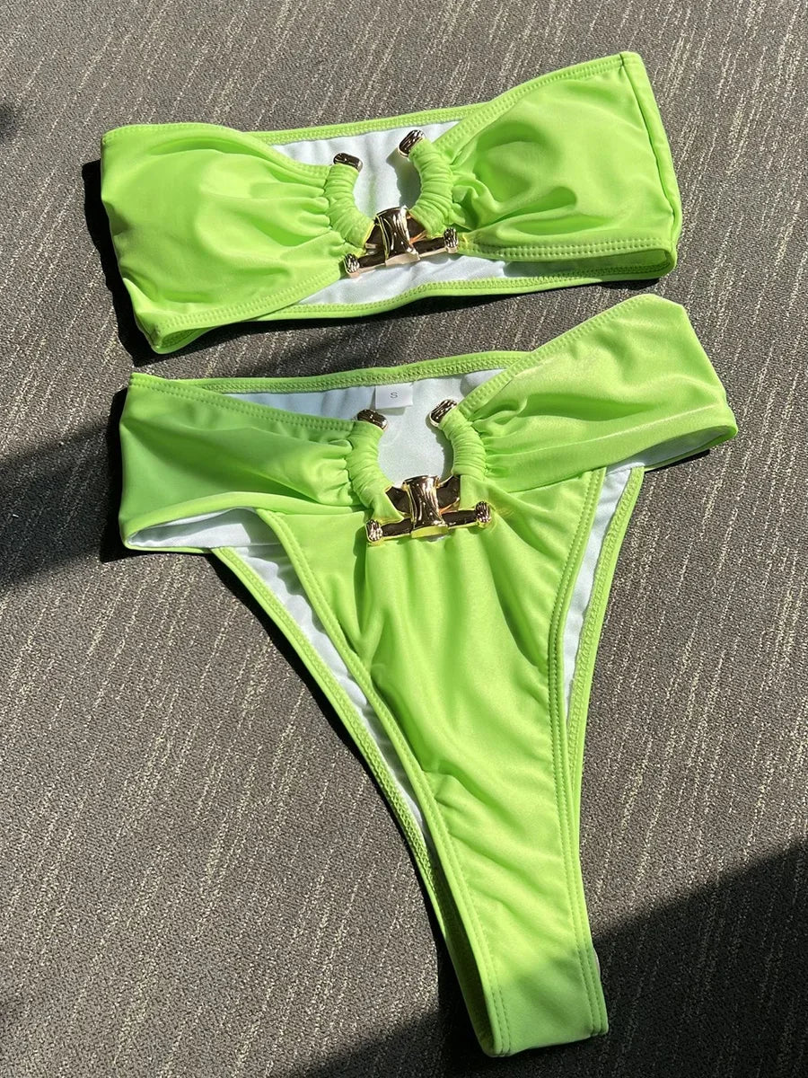 Metal Buckle Bandeau High Waist Bikini