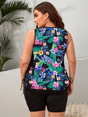 Women Leaves Print Tankini Swimwear Beach Sleeveless Tank Top High Waist Drawstring Side Panties Two Piece Swimsuit