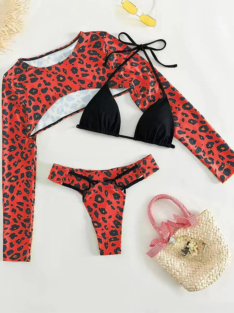Leopard Printed Long Sleeve Beach Cover-up Bikini