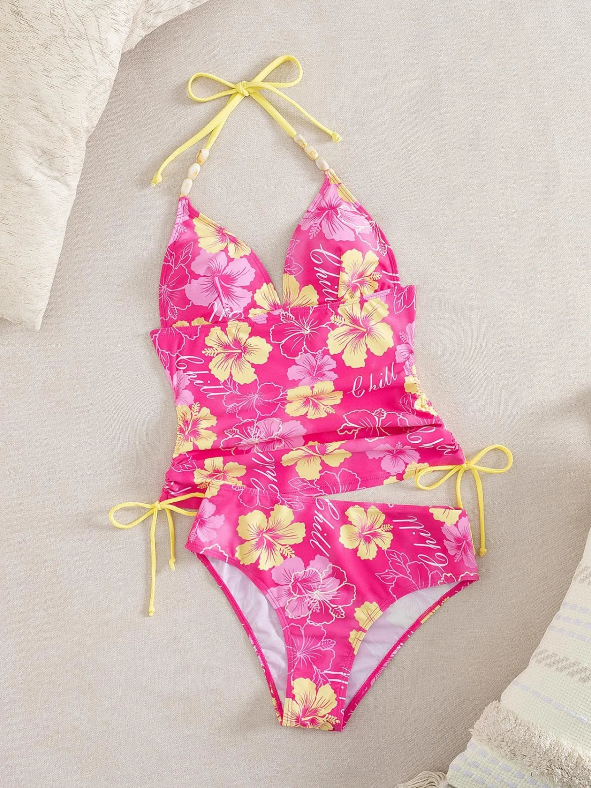 Vintage Pink Floral Print Bikini Set