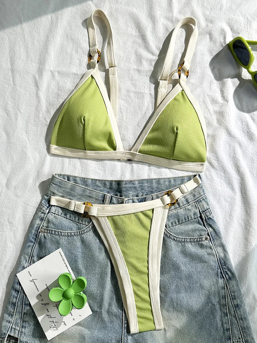 Splicing Ribbed High Cut Ring Mini Micro Bikini