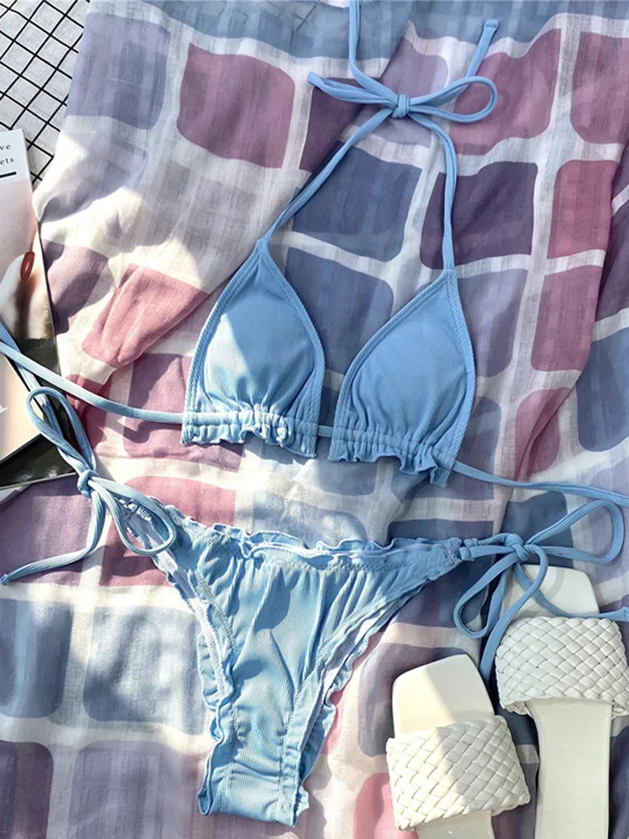 Halter String Ruffled Frilled Bikini