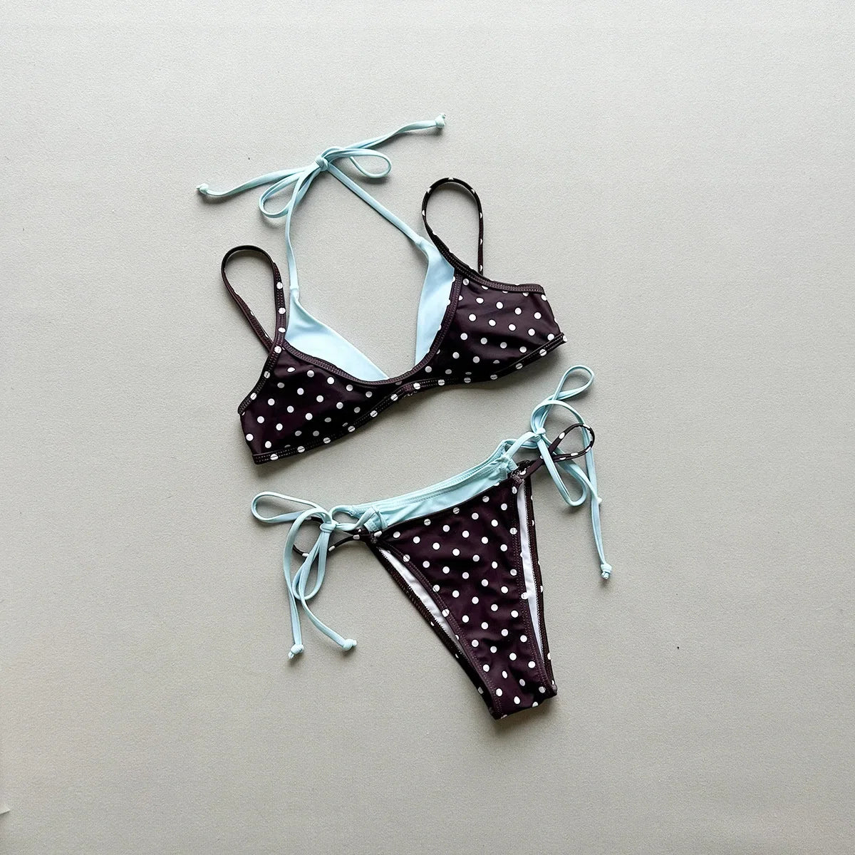 Sexy Brown Polka Dot Print Patchwork Bikini Set