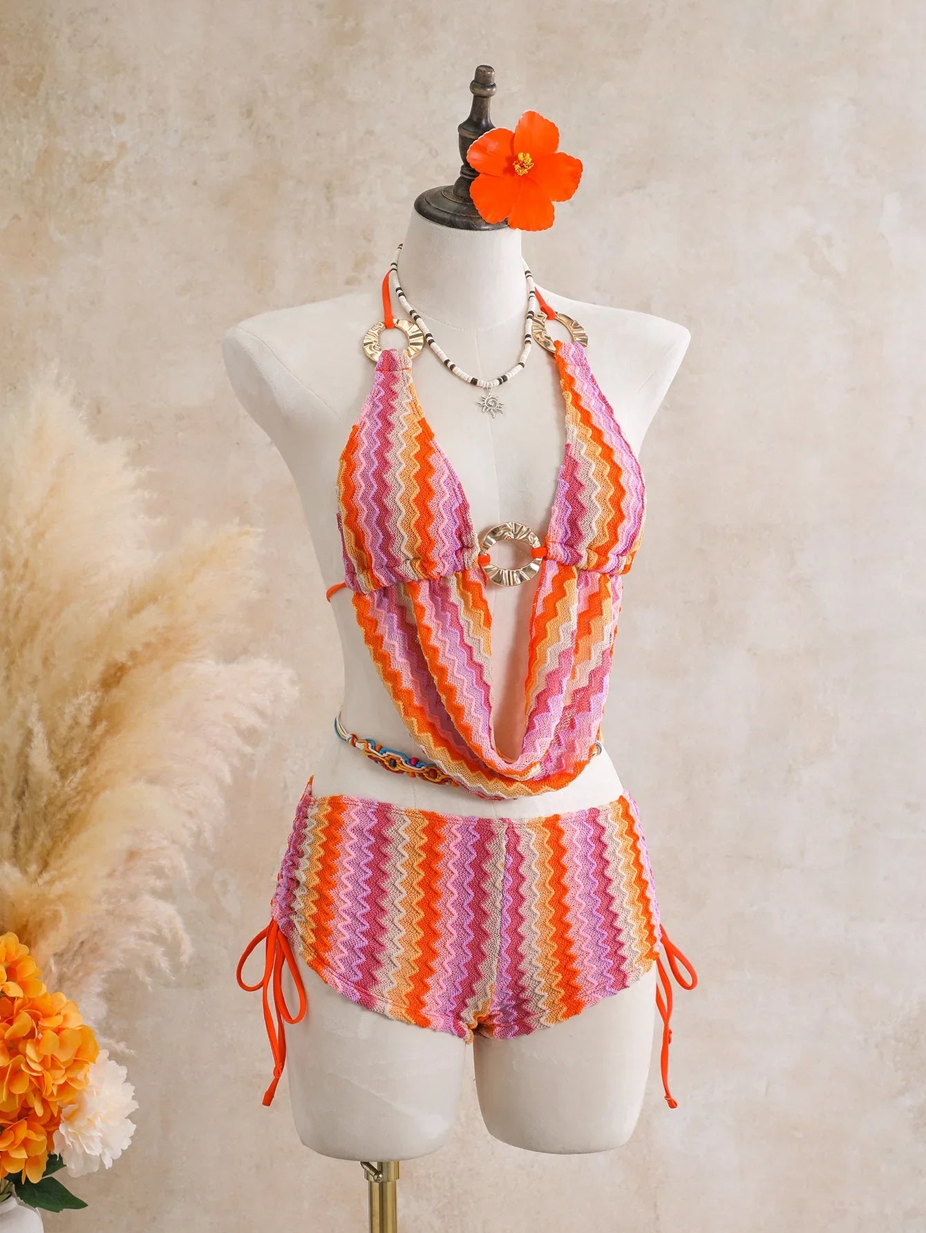 Vintage Orange Striped Bikini Set