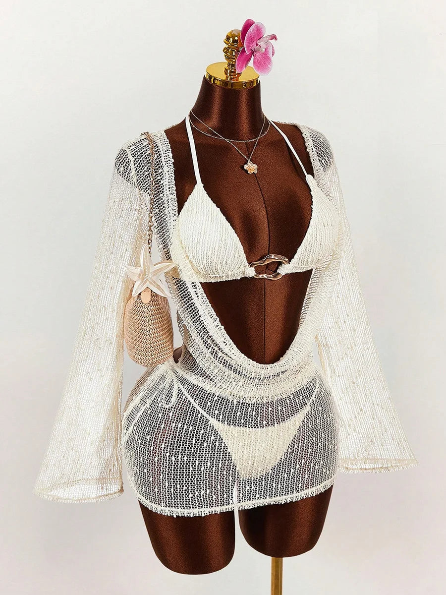 Long Sleeve Mesh Sheer Cover Up Halter Bikini