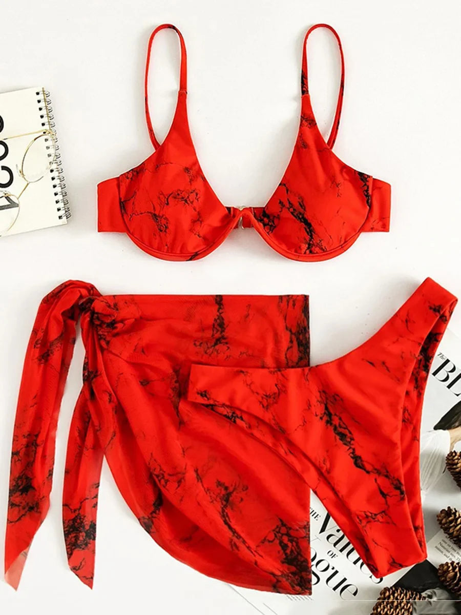 Marble Print V-Bar Underwired Bikini