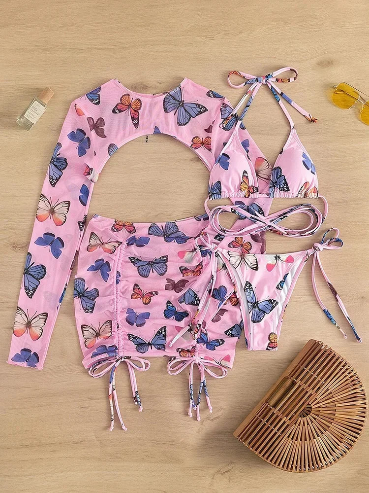 Long Sleeve Printed Halter Bikini
