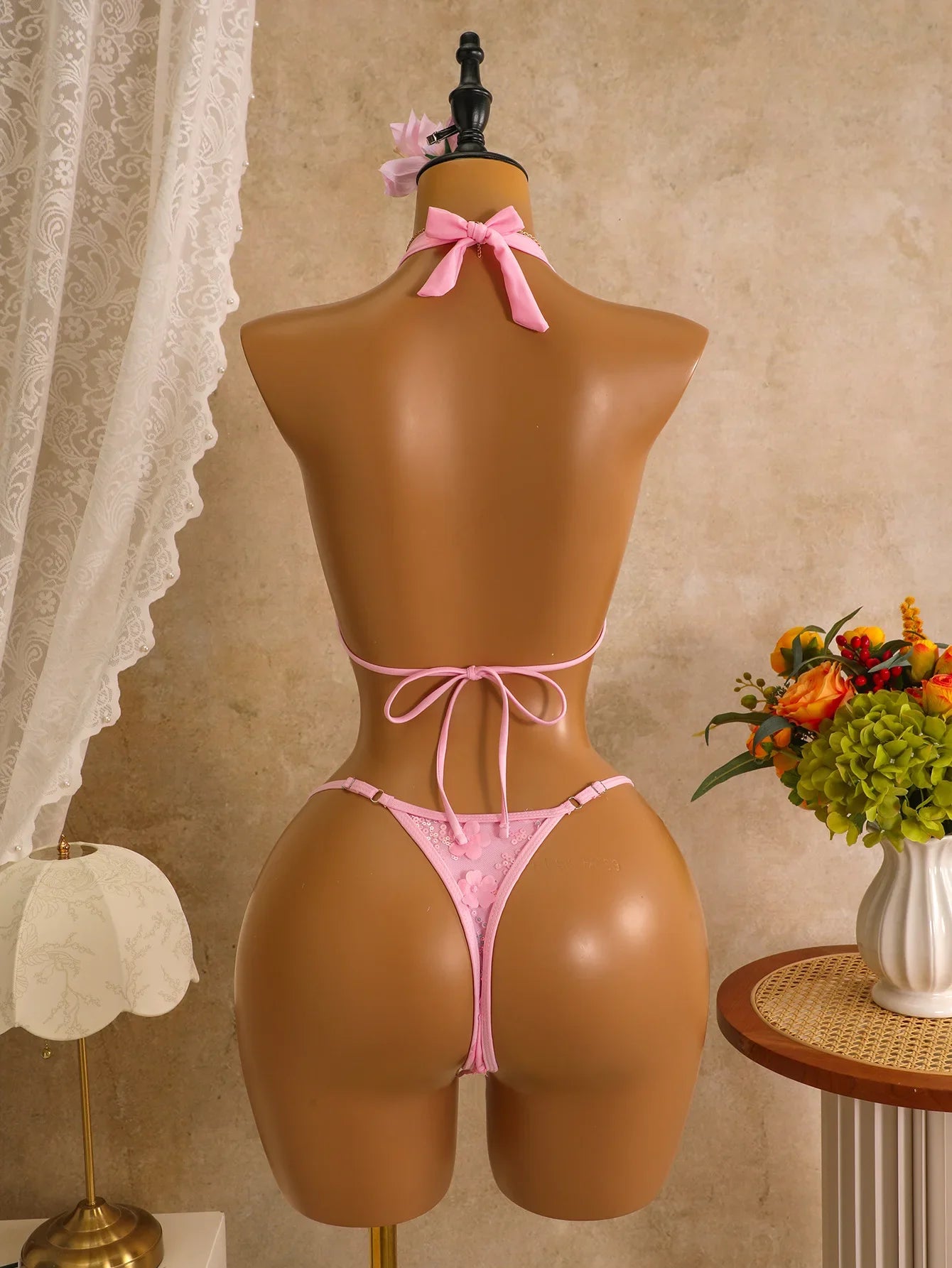 Sexy Mesh 3D Flower Cover Up 3 Piece Bikini Set