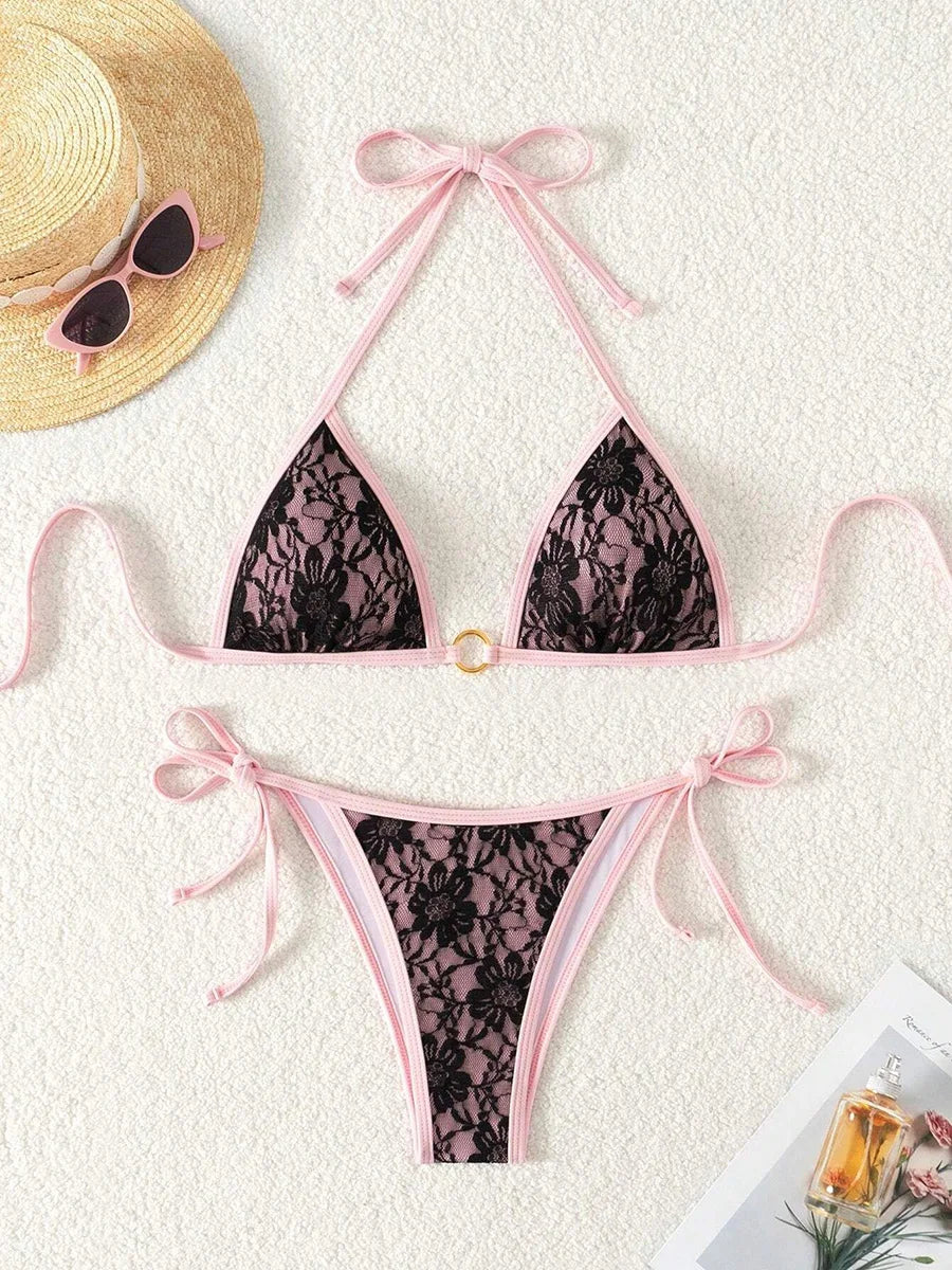 Embroidery Mesh Lace Halter Bikini